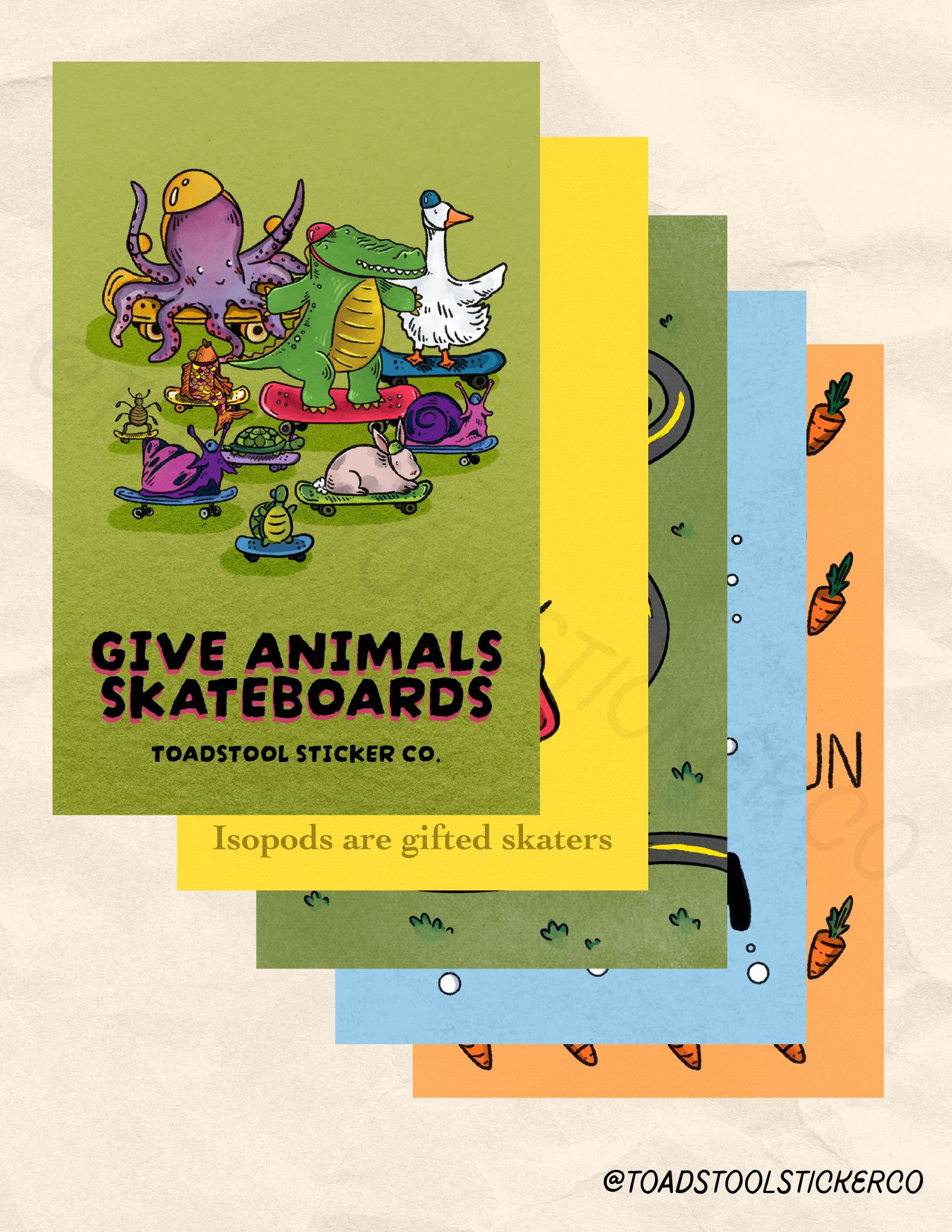 Comic Book cover displaying an octopus, alligator, goose, fish, bug, turtle, snails and rabbit on skateboards with helmets. The title "Give Animals Skateboards" by Toadstool Sticker Co. is at the bottom against a green background. Small peeks of the pages can be seen.