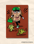 the image shows a cartoon pierogie Jalapeno Hannah Mascot with green frogs running
